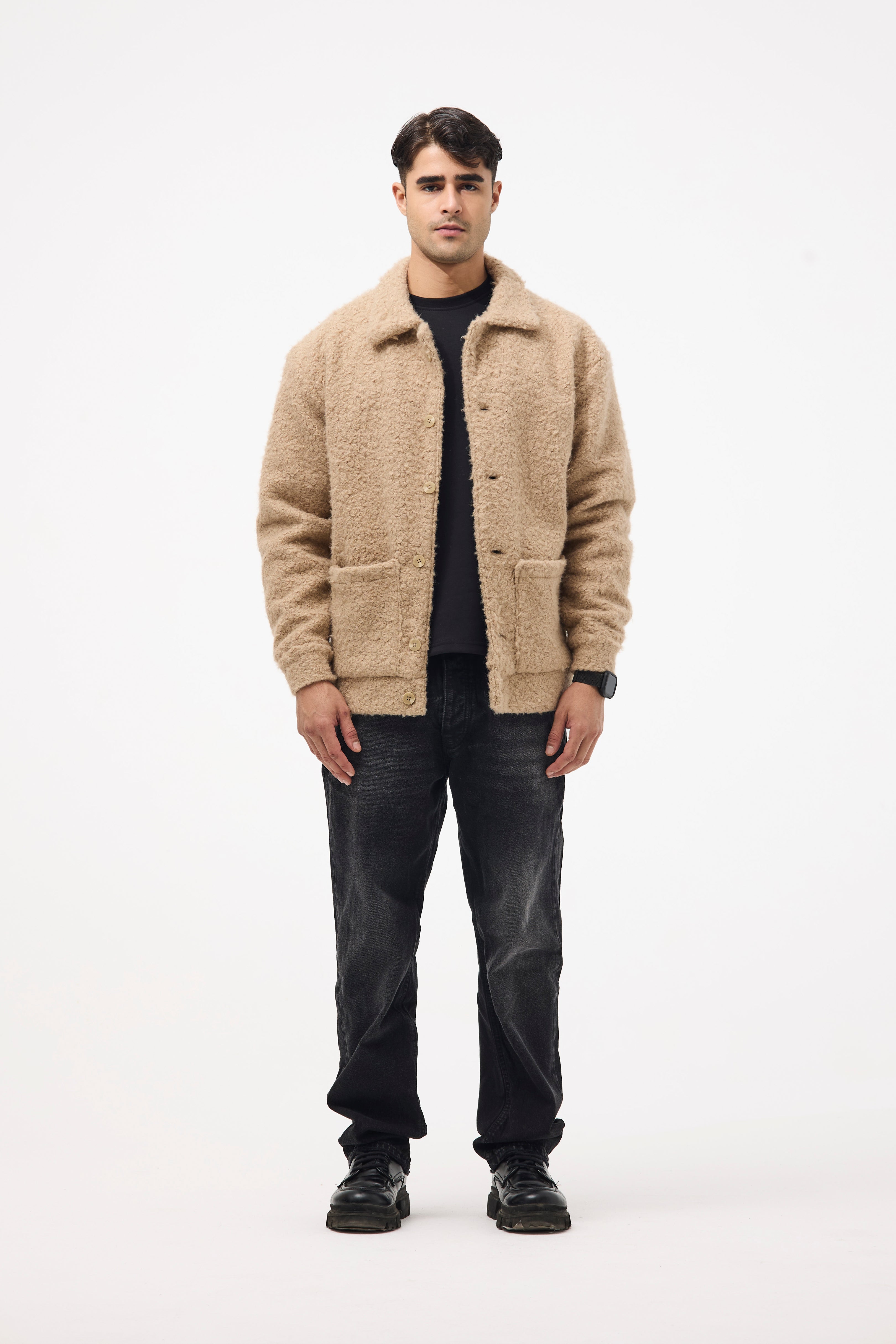 Men’s Buttoned Fur Jacket – Beige