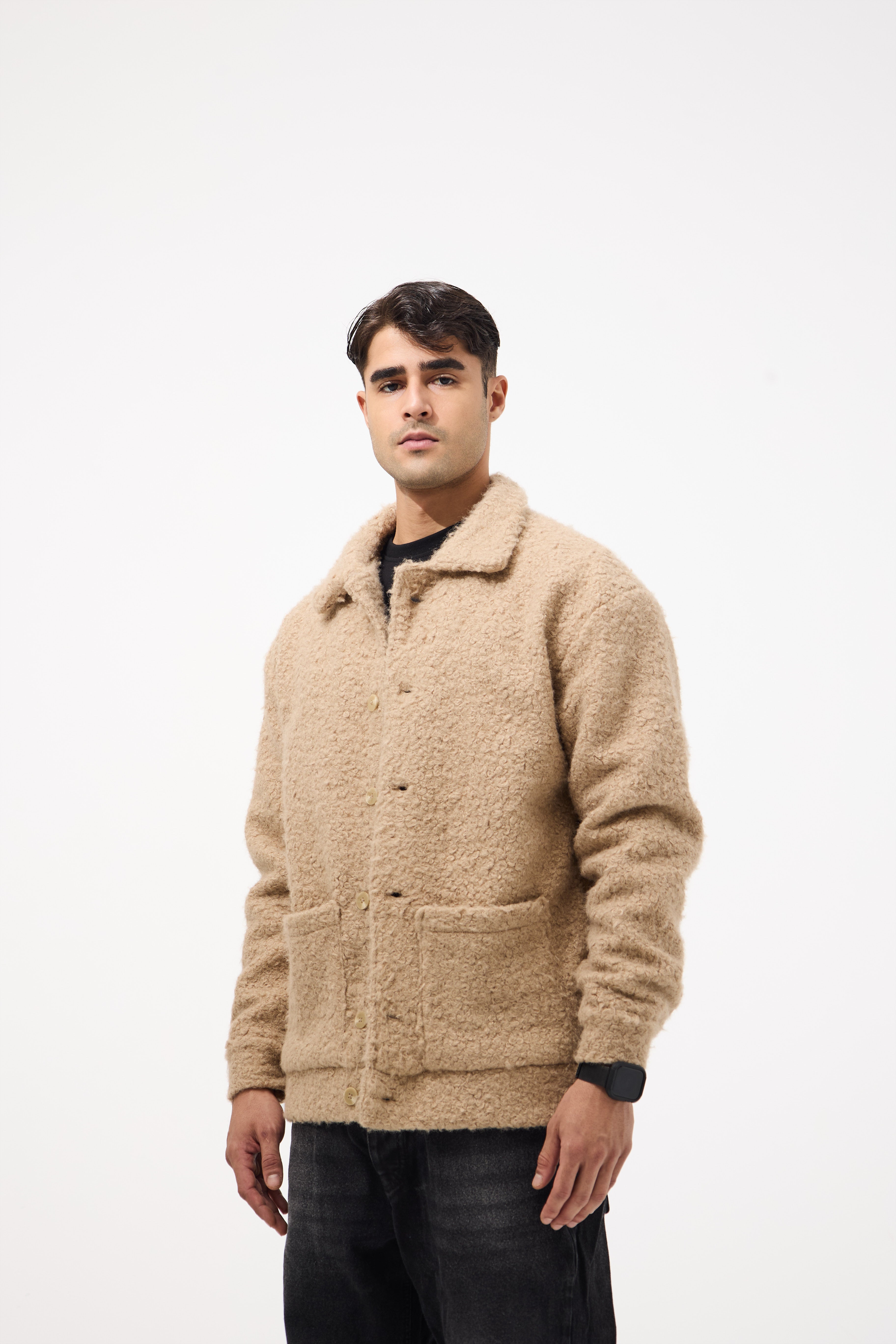 Men’s Buttoned Fur Jacket – Beige