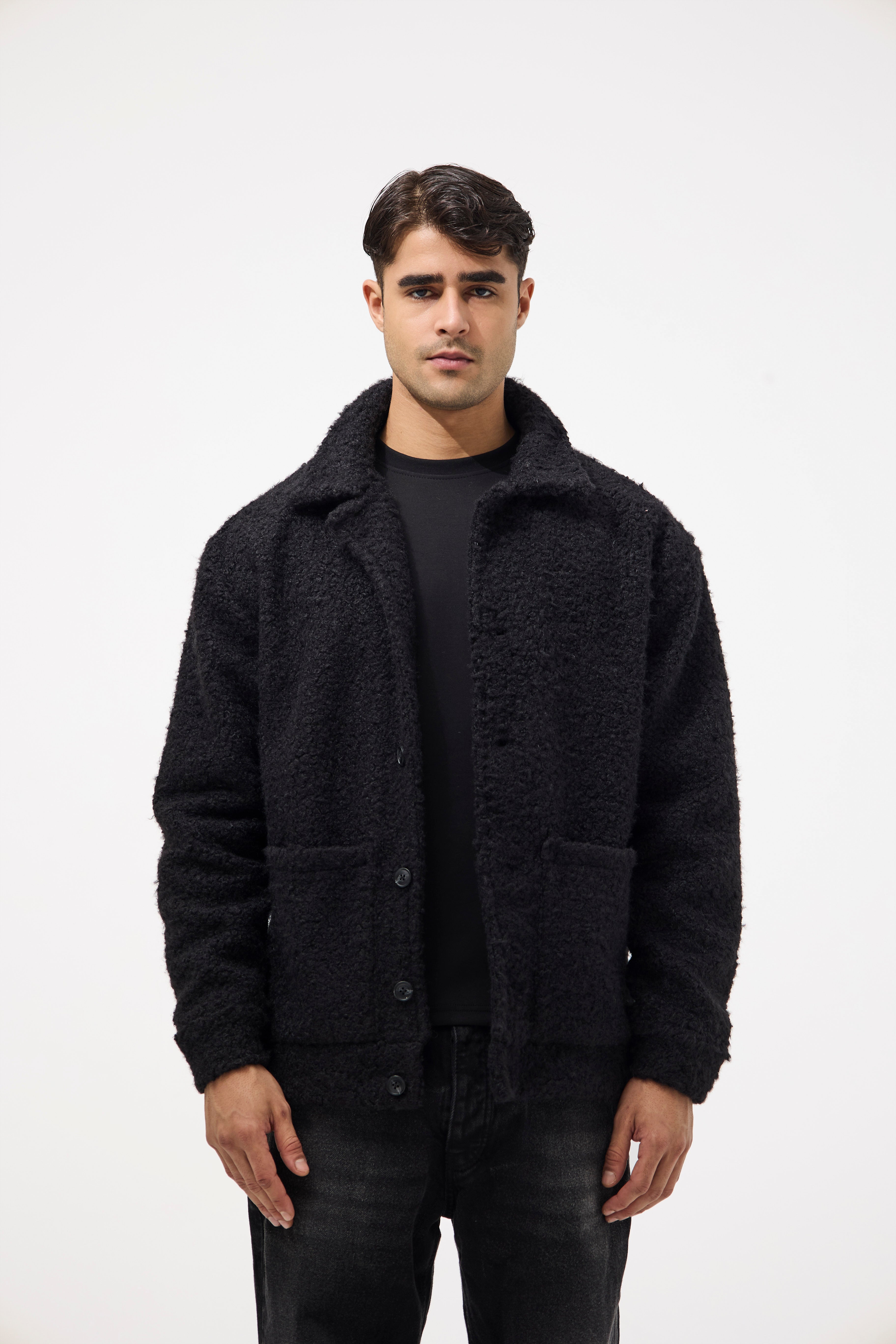 Men’s Buttoned Fur Jacket – Black