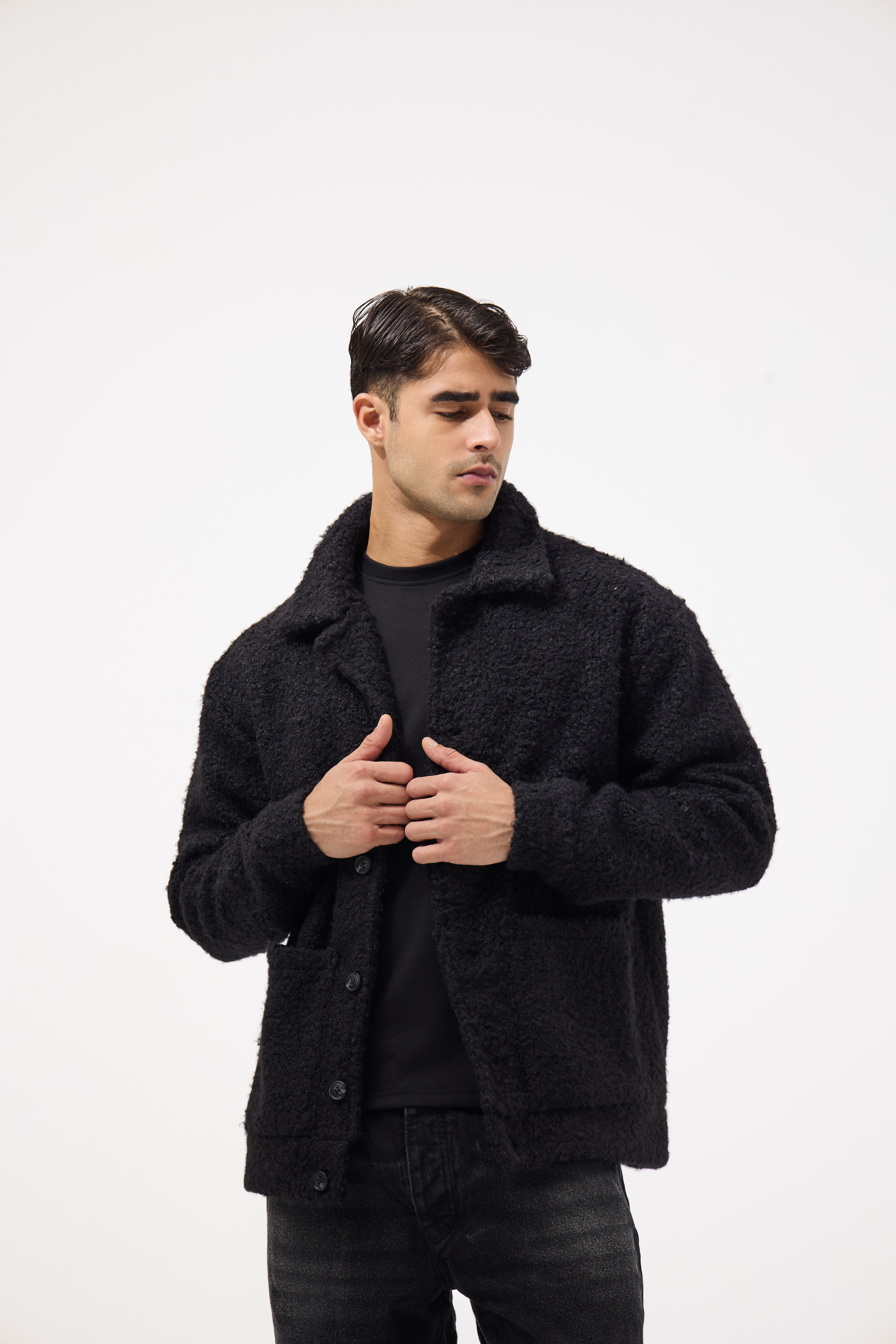 Men’s Buttoned Fur Jacket – Black