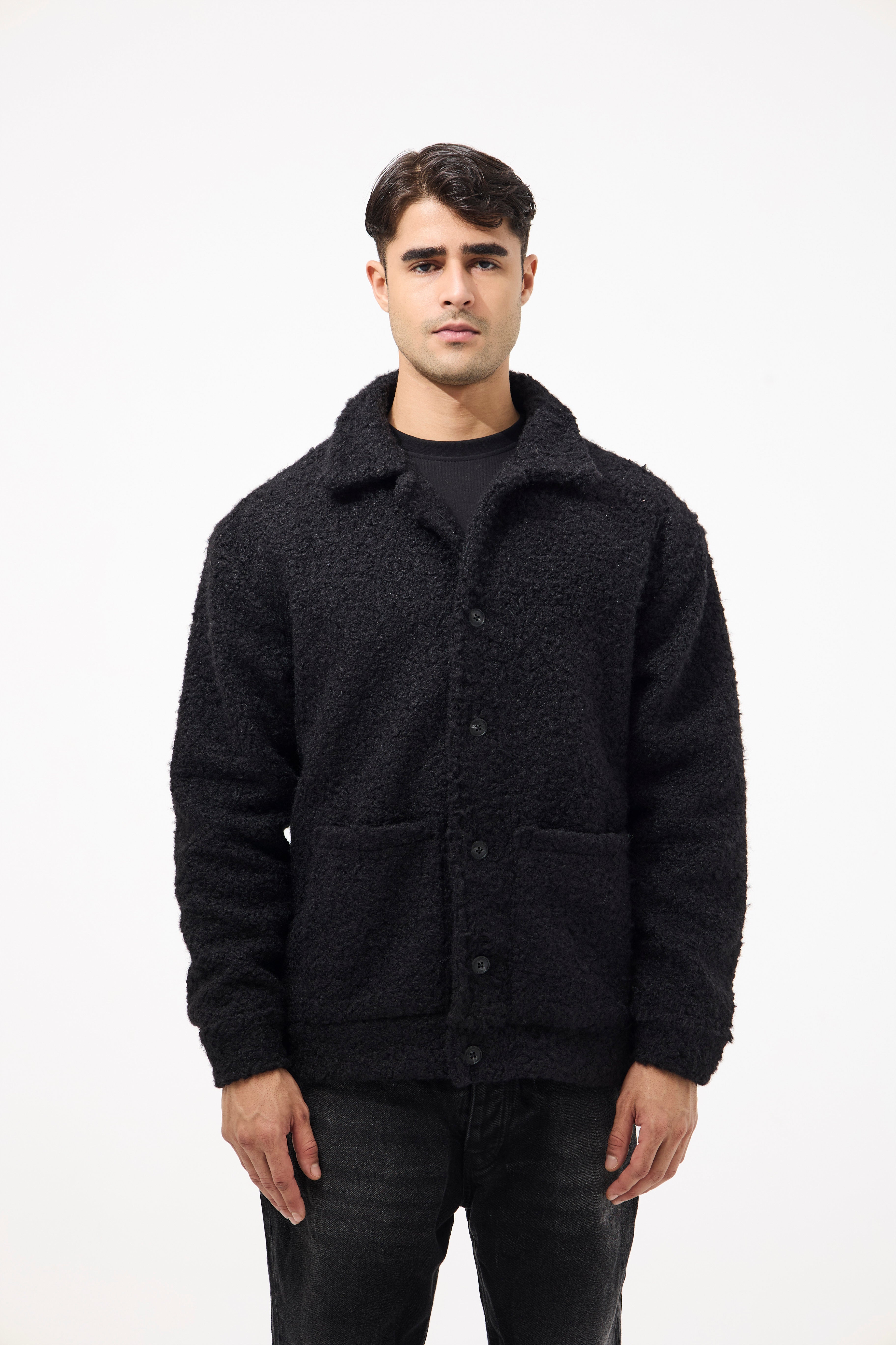 Men’s Buttoned Fur Jacket – Black